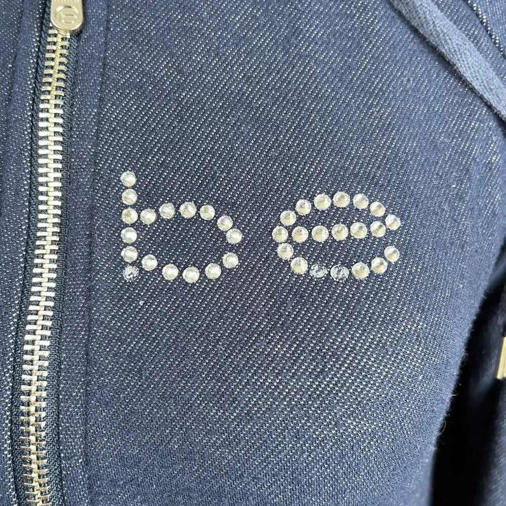 Bebe Rhinestone Logo Zip Hoodie Women’s Small Dark Blue Y2K 2000 Retro Lace Trim